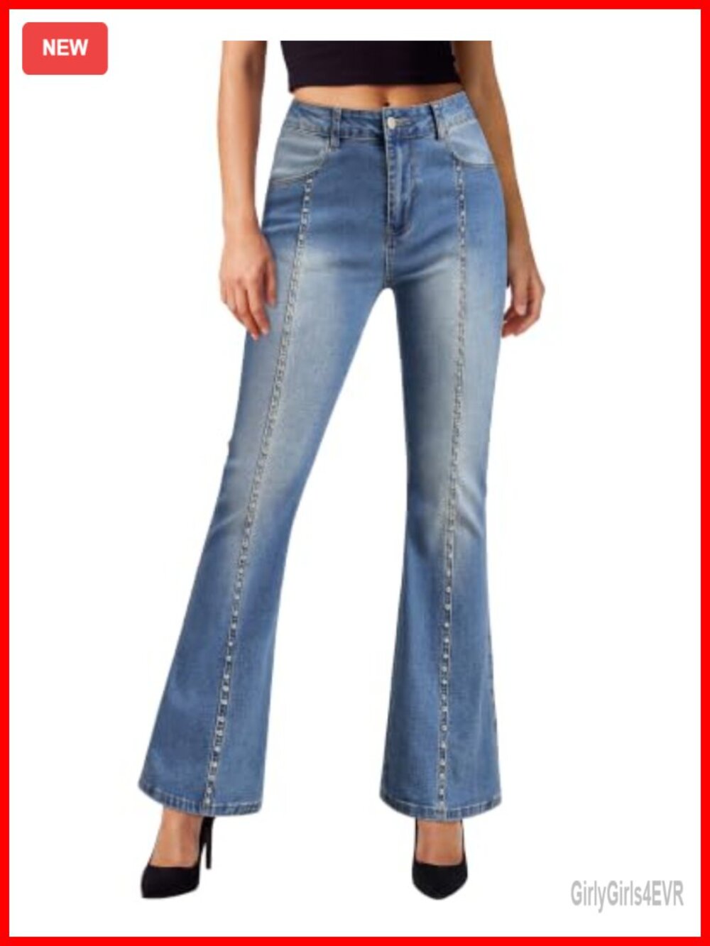 Womens Flare Slim Fit High Waisted Stretchy Denim Jeans Studded Patch Pocket